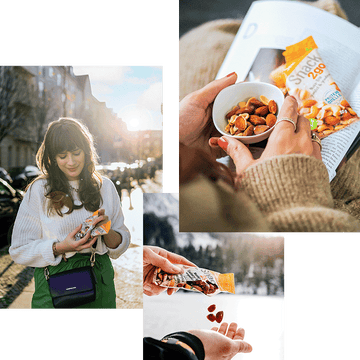 Bildcollage von drei Bildern: Linkes Bild mit Frau, die draußen ein Seeberger Produkt öffnet. Rechtes Bild mit Händen, die Seeberger Nüsse in einer Schale auf einem Buch halten. Unteres Bild mit zwei Händen, wo ein Seeberger Produkt in die eine Hand geschüttet wird.