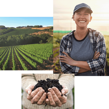 Bildcollage von drei Bildern: Links eine Plantage von erhöhter Perspektive. Rechts eine lächelnde Frau mit verschränkten Armen. Unten zwei Hände, die einen Haufen Erde halten.